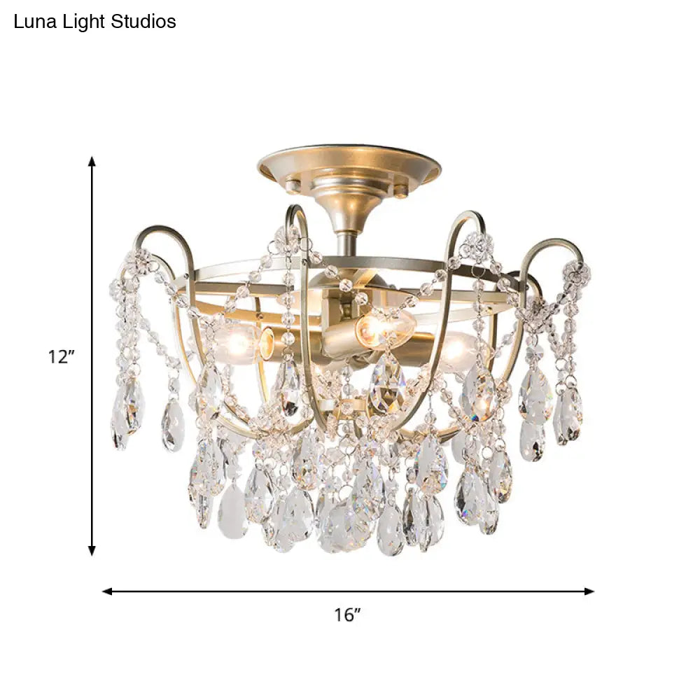 Gold Raindrop Crystal Ceiling Fixture With 4 Bulbs For Traditional Drawing Rooms