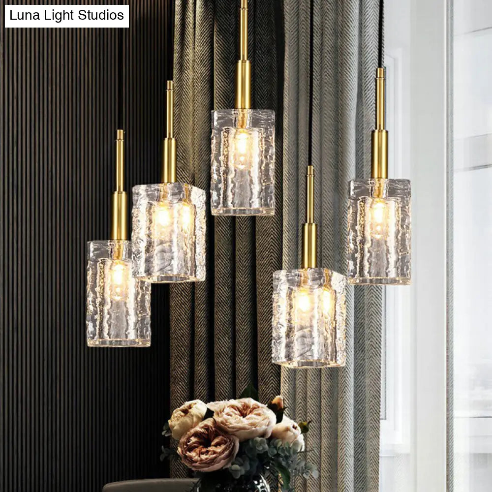 Gold Rectangular Dining Room Pendulum Light With Clear Rippled Crystal - Elegant 1-Bulb Hanging