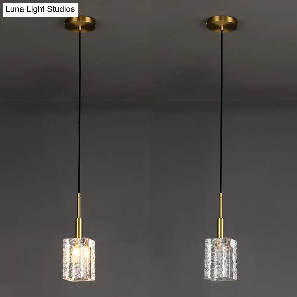 Gold Rectangular Dining Room Pendulum Light With Clear Rippled Crystal - Elegant 1-Bulb Hanging