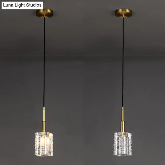 Gold Rectangular Dining Room Pendulum Light With Clear Rippled Crystal - Elegant 1-Bulb Hanging