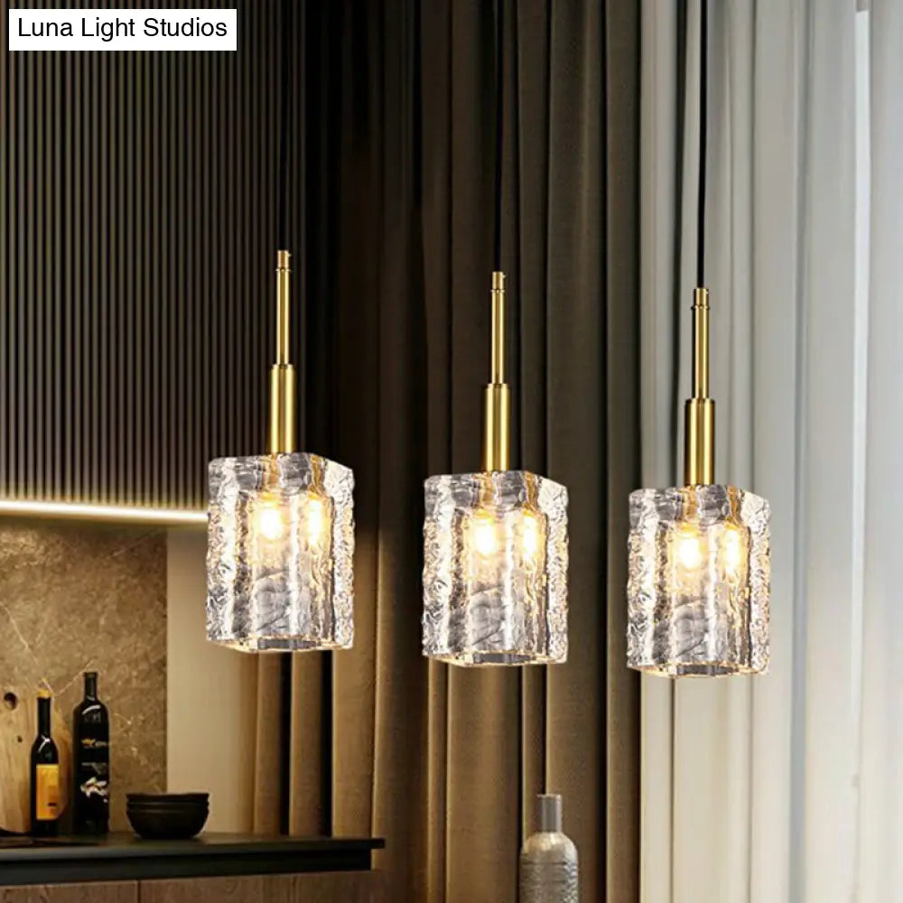 Gold Rectangular Dining Room Pendulum Light With Clear Rippled Crystal - Elegant 1-Bulb Hanging