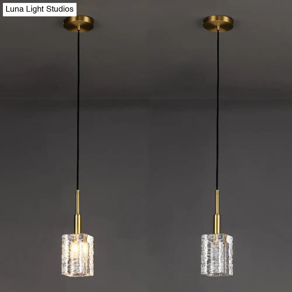 Gold Crystal Pendulum Dining Room Light - Simple Style Clear Rippled Glass 1-Bulb Hanging Fixture