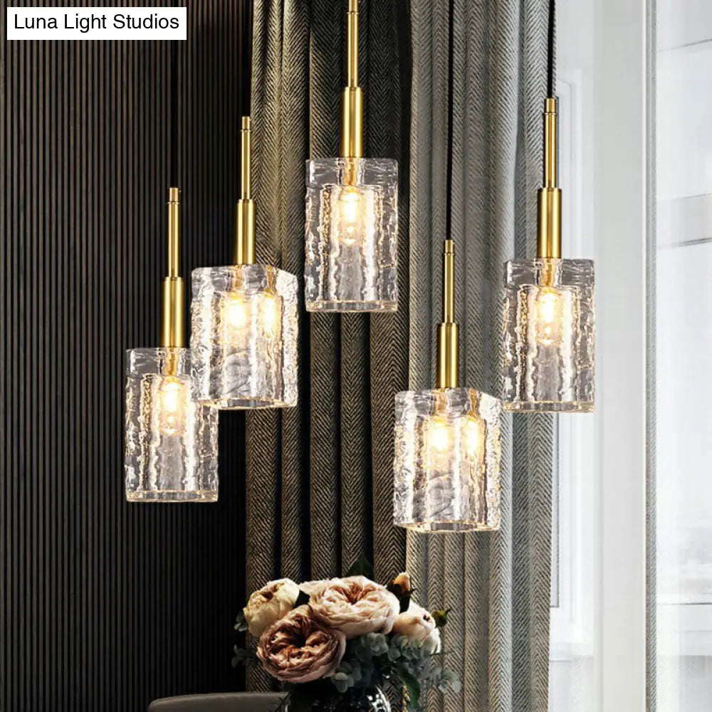 Gold Crystal Pendulum Dining Room Light - Simple Style Clear Rippled Glass 1-Bulb Hanging Fixture