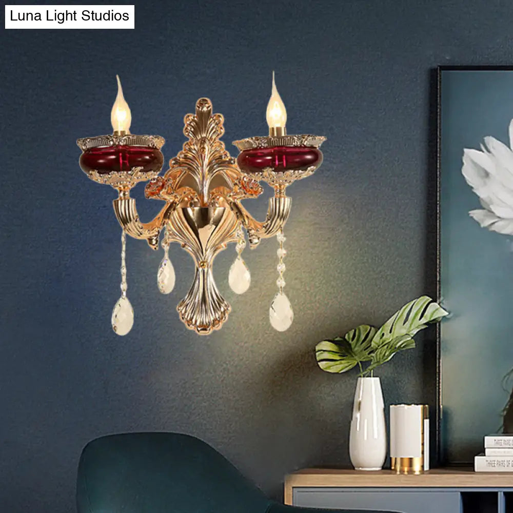 Gold-Red Crystal Flameless Candle Wall Sconce Lamp For Lobby - Traditional 1/2-Head Lighting Ideas