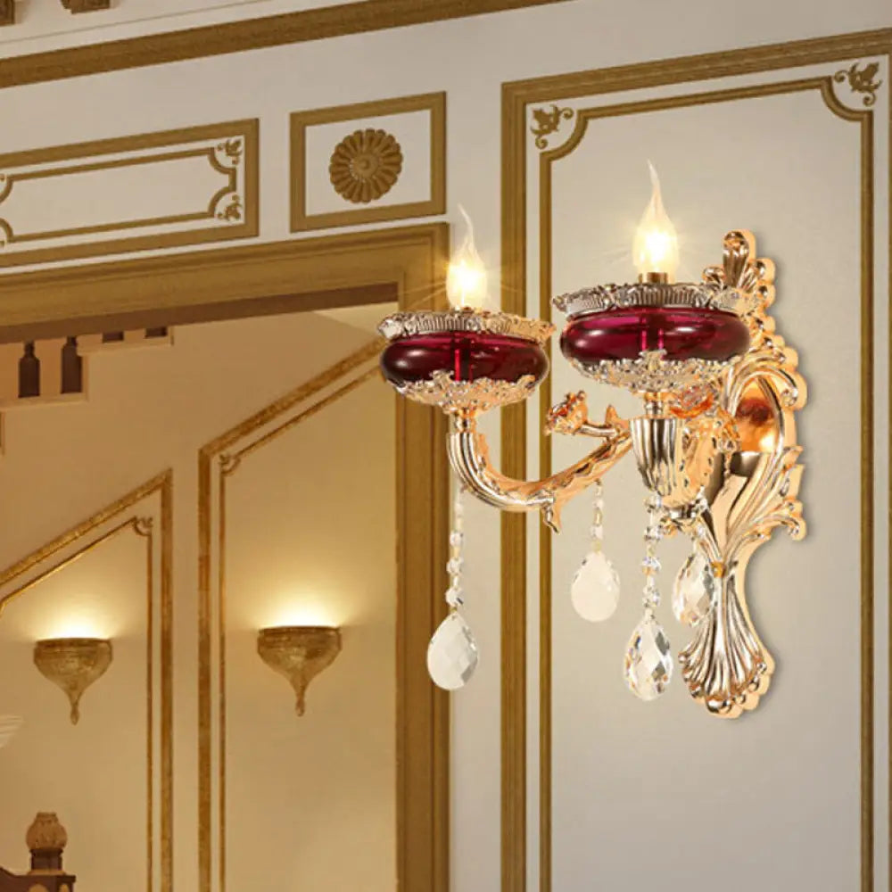 Gold-Red Crystal Flameless Candle Wall Sconce Lamp For Lobby - Traditional 1/2-Head Lighting Ideas