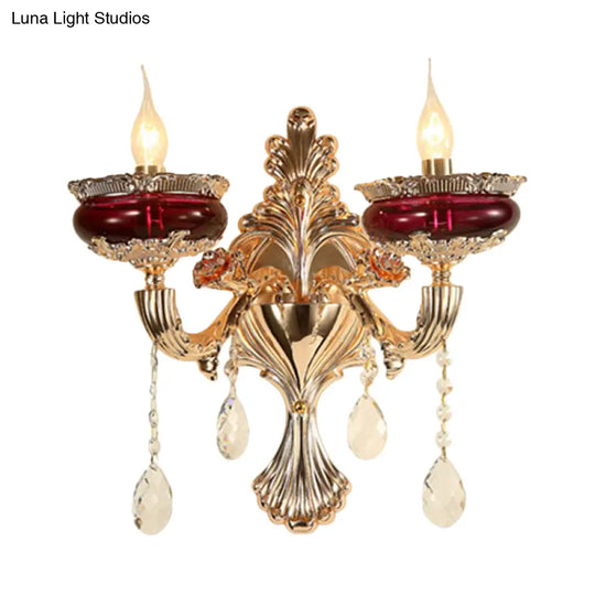 Gold-Red Crystal Flameless Candle Wall Sconce Lamp For Lobby - Traditional 1/2-Head Lighting Ideas