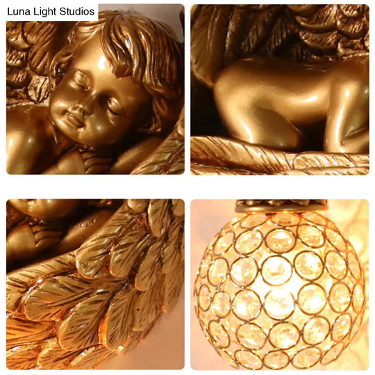 Gold Resin Angel Wall Sconce Light With Clear Crystal Dome Shade - Loft Style 1-Light Lighting