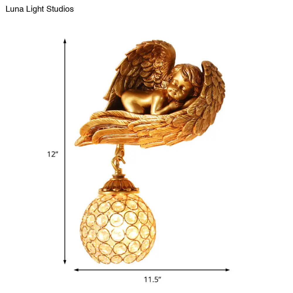 Gold Resin Angel Wall Sconce Light With Clear Crystal Dome Shade - Loft Style 1-Light Lighting