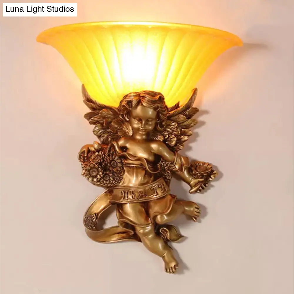 Gold Resin Angel Wall Sconce With Frosted Glass Shade - Perfect For Rural Bedroom