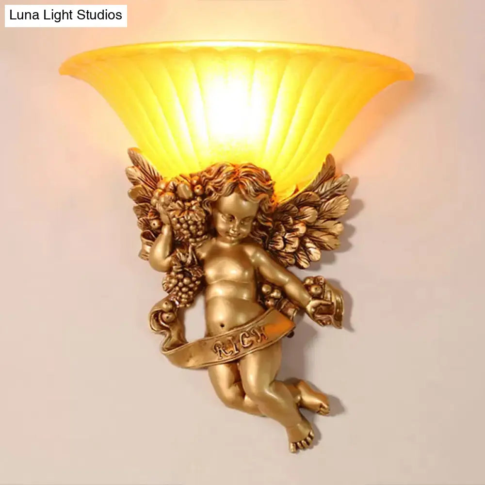 Gold Resin Angel Wall Sconce With Frosted Glass Shade - Perfect For Rural Bedroom