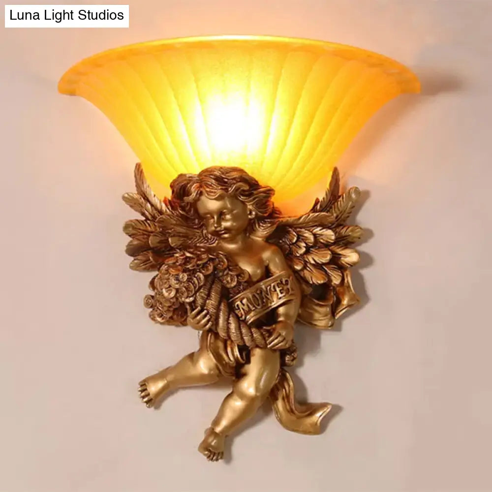 Gold Resin Angel Wall Sconce With Frosted Glass Shade - Perfect For Rural Bedroom