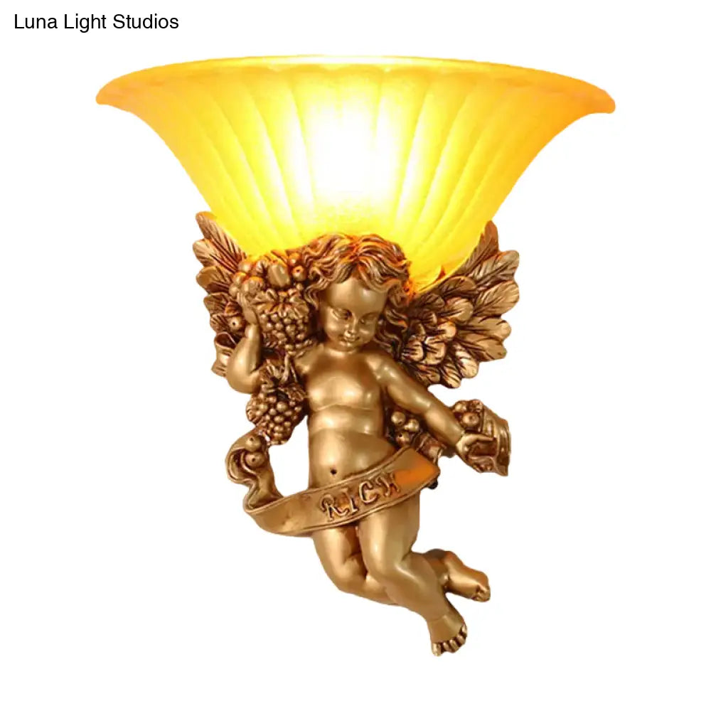 Gold Resin Angel Wall Sconce With Frosted Glass Shade - Perfect For Rural Bedroom