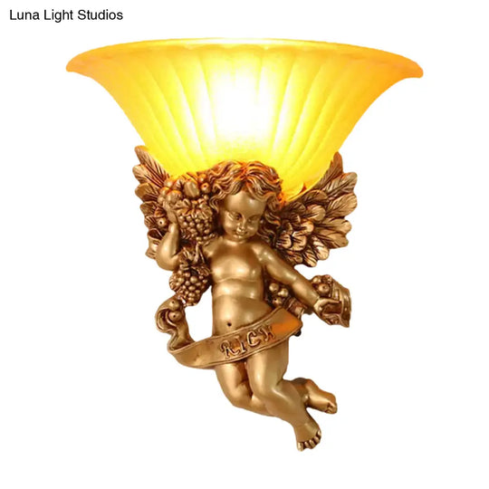 Gold Resin Angel Wall Sconce With Frosted Glass Shade - Perfect For Rural Bedroom