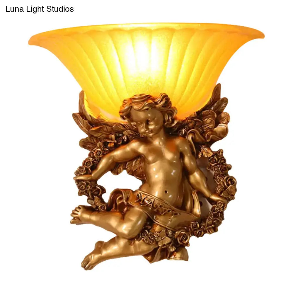 Gold Resin Angel Wall Sconce With Frosted Glass Shade - Perfect For Rural Bedroom