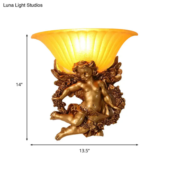 Gold Resin Angel Wall Sconce With Frosted Glass Shade - Perfect For Rural Bedroom