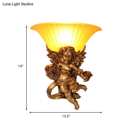 Gold Resin Angel Wall Sconce With Frosted Glass Shade - Perfect For Rural Bedroom