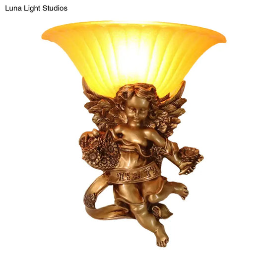 Gold Resin Angel Wall Sconce With Frosted Glass Shade - Perfect For Rural Bedroom