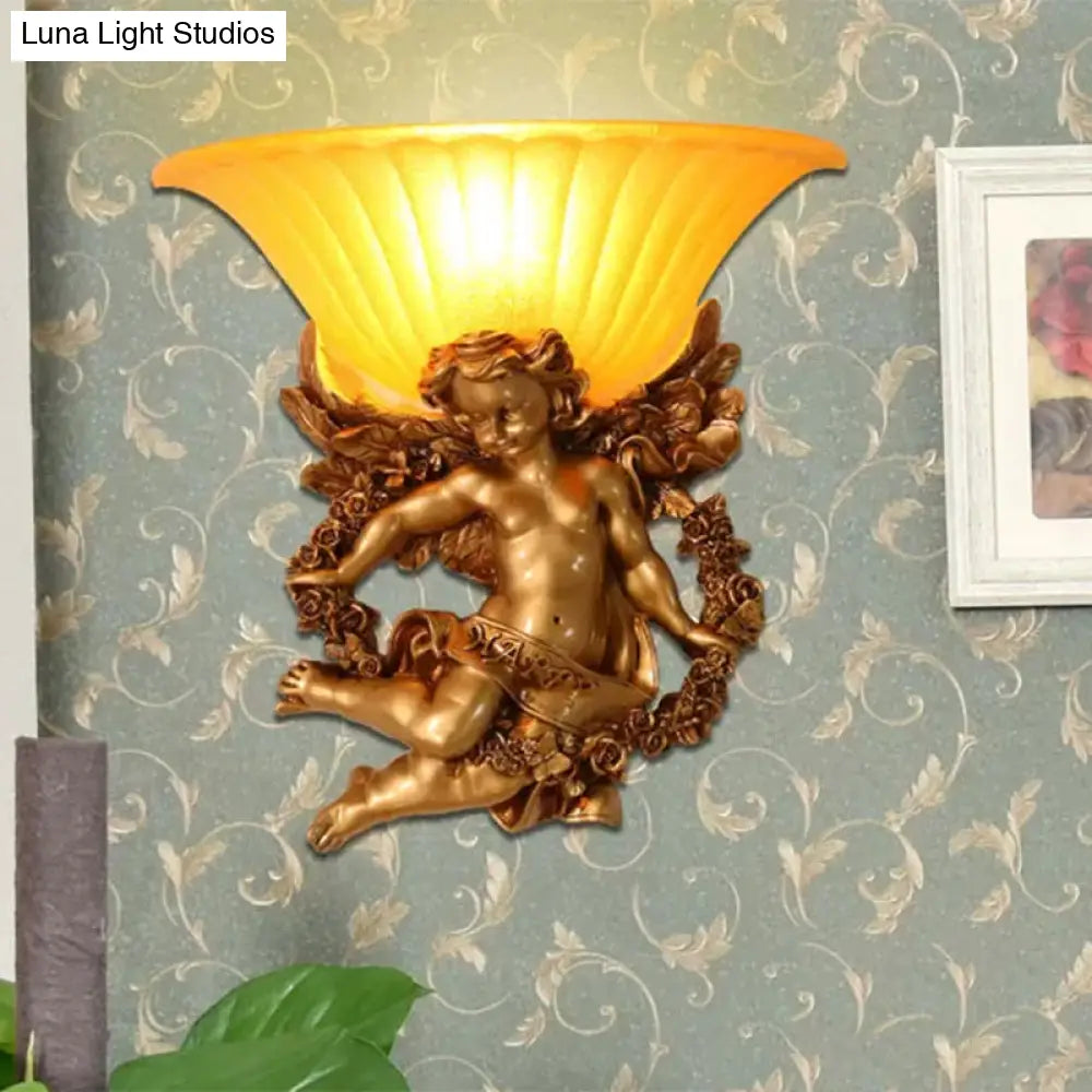 Gold Resin Angel Wall Sconce With Frosted Glass Shade - Perfect For Rural Bedroom