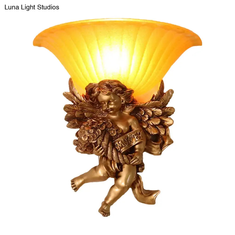 Gold Resin Angel Wall Sconce With Frosted Glass Shade - Perfect For Rural Bedroom