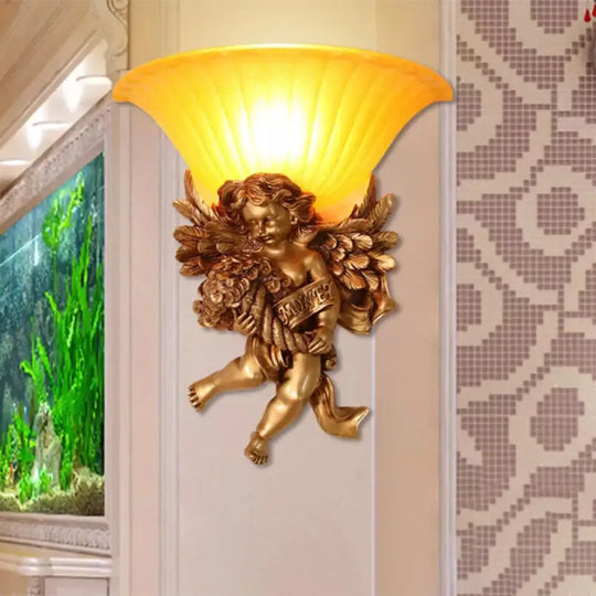 Gold Resin Angel Wall Sconce With Frosted Glass Shade - Perfect For Rural Bedroom / C