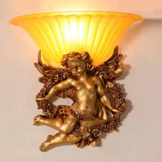 Gold Resin Angel Wall Sconce With Frosted Glass Shade - Perfect For Rural Bedroom / D