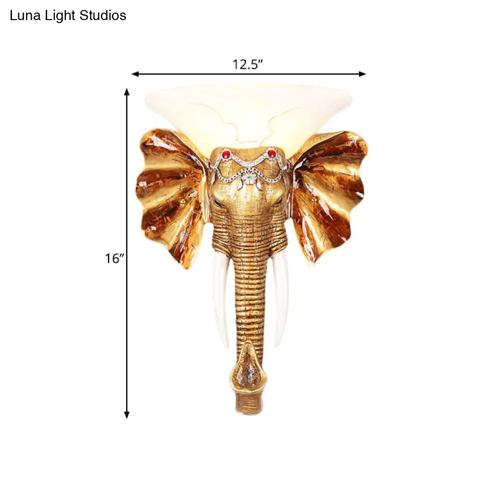 Gold Resin Elephant Wall Sconce - 1 Bulb Colonial Flush Mount Lighting In 12.5/17 Sizes