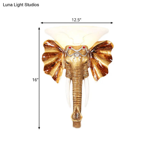 Gold Resin Elephant Wall Sconce - 1 Bulb Colonial Flush Mount Lighting In 12.5/17 Sizes