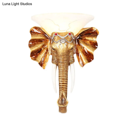 Gold Resin Elephant Wall Sconce - 1 Bulb Colonial Flush Mount Lighting In 12.5/17 Sizes