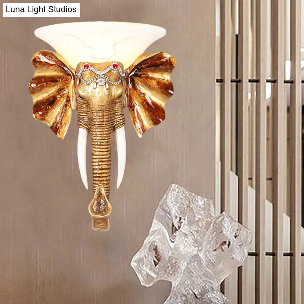 Gold Resin Elephant Wall Sconce - 1 Bulb Colonial Flush Mount Lighting In 12.5/17 Sizes