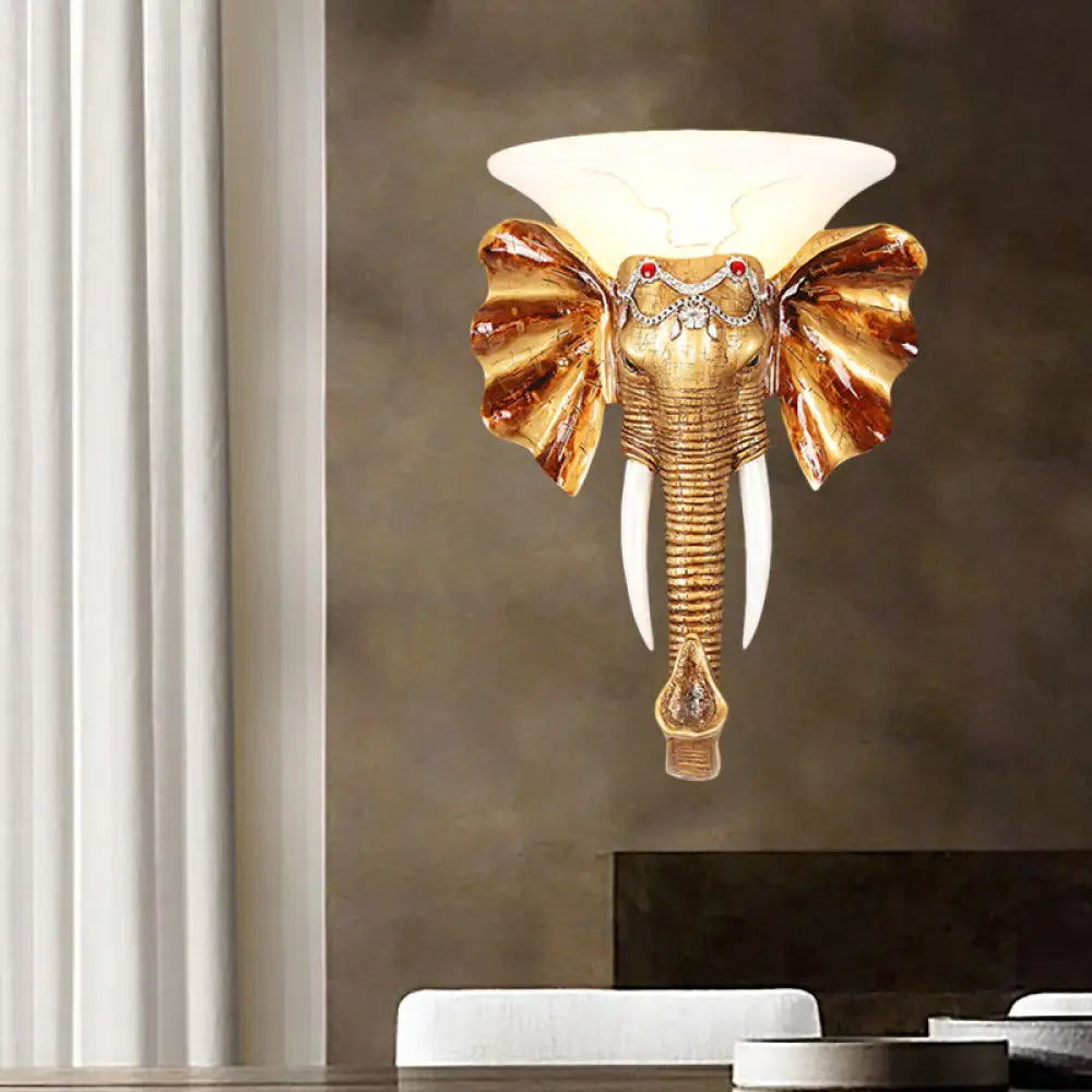 Gold Resin Elephant Wall Sconce - 1 Bulb Colonial Flush Mount Lighting In 12.5/17 Sizes / 12.5