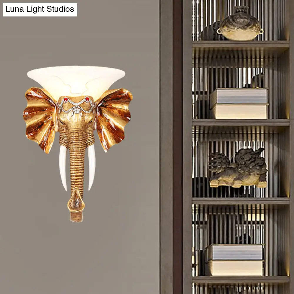 Gold Resin Elephant Wall Sconce - 1 Bulb Colonial Flush Mount Lighting In 12.5/17 Sizes