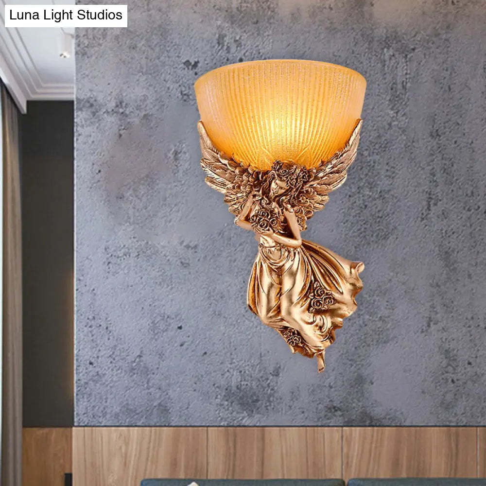 Gold Resin Wall Sconce With Amber Fluted Glass Shade Countryside Angel Design