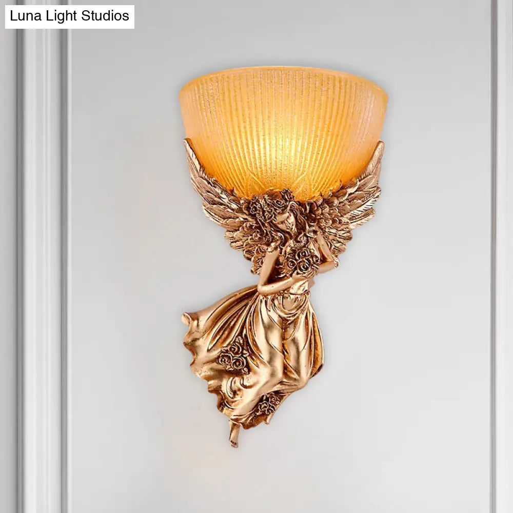 Gold Resin Wall Sconce With Amber Fluted Glass Shade Countryside Angel Design