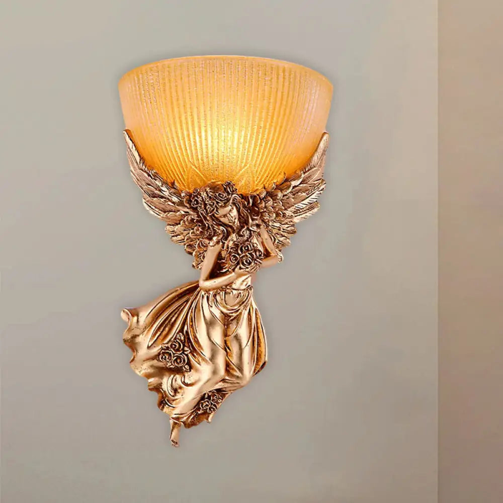 Gold Resin Wall Sconce With Amber Fluted Glass Shade Countryside Angel Design / Left