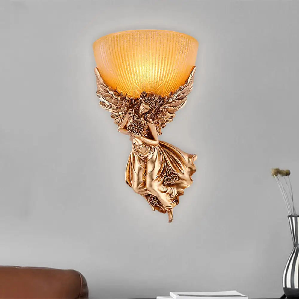 Gold Resin Wall Sconce With Amber Fluted Glass Shade Countryside Angel Design / Right