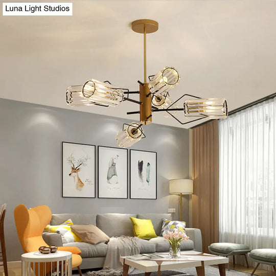 Gold Retro Crystal Chandelier With Cylinder Block Design - Pendant Lamp For Living Room Available In