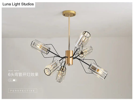 Gold Retro Crystal Chandelier With Cylinder Block Design - Pendant Lamp For Living Room Available In