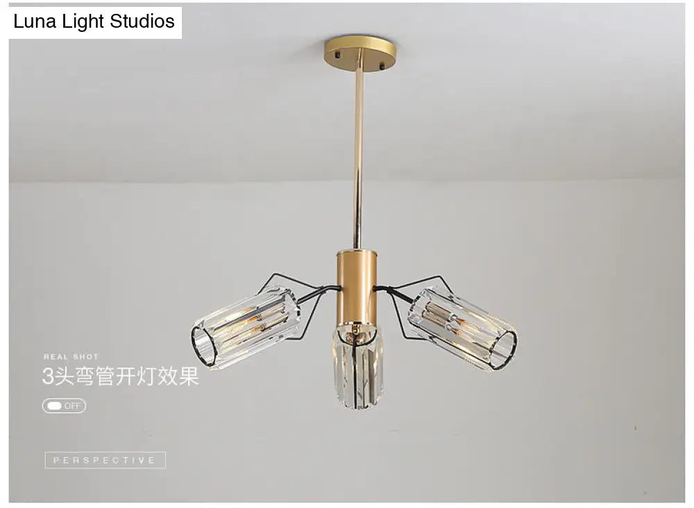 Gold Retro Crystal Chandelier With Cylinder Block Design - Pendant Lamp For Living Room Available In