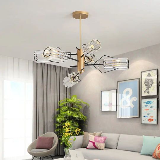 Gold Retro Crystal Chandelier With Cylinder Block Design - Pendant Lamp For Living Room Available In