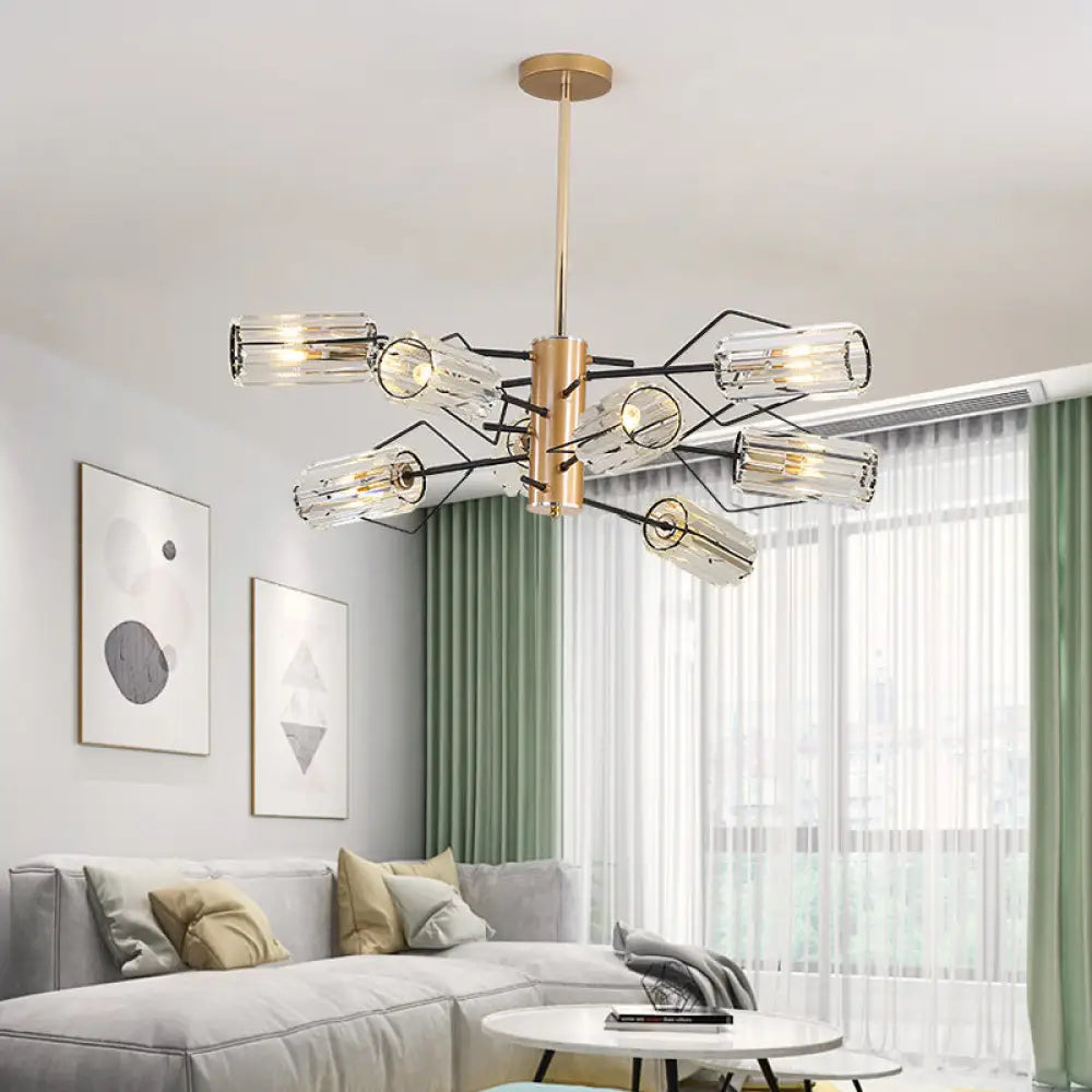 Gold Retro Crystal Chandelier With Cylinder Block Design - Pendant Lamp For Living Room Available In