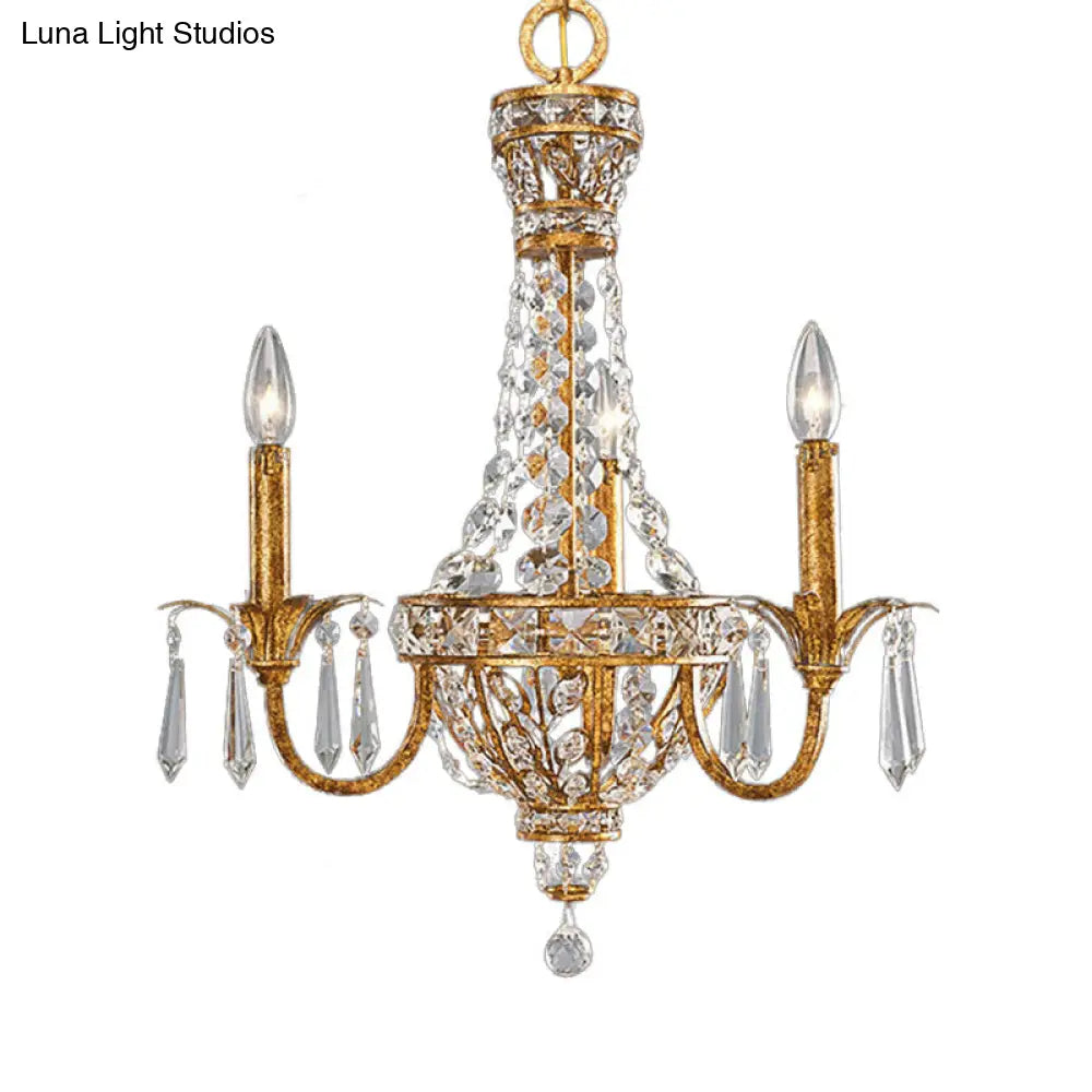 Vintage Gold Pyramid Chandelier With Crystal Accents - 3 Head Suspension Light For Living Room