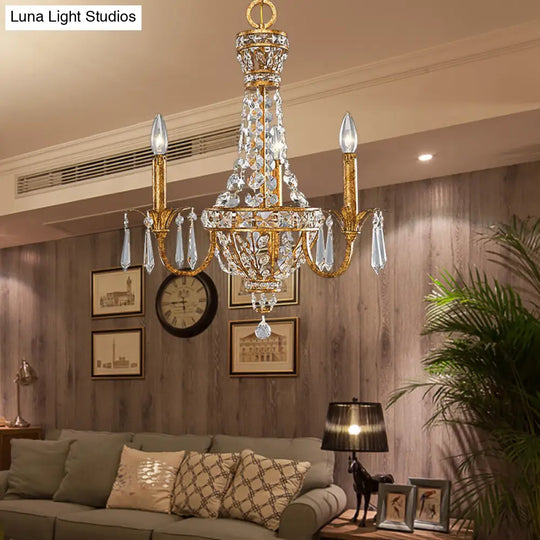 Vintage Gold Pyramid Chandelier With Crystal Accents - 3 Head Suspension Light For Living Room