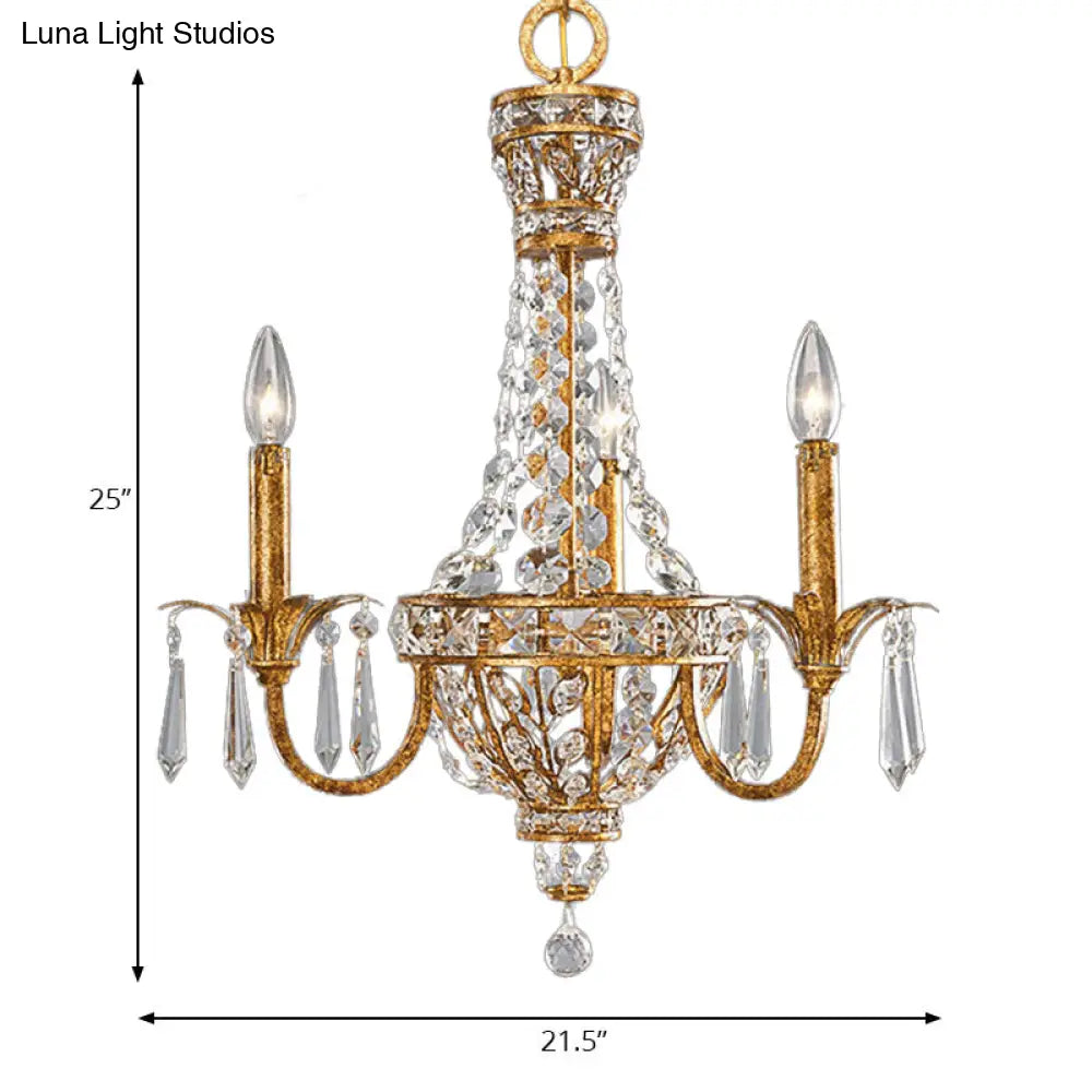 Gold Retro Pyramid Chandelier With Crystal Accents - 3 Heads Hanging Suspension Light For Living