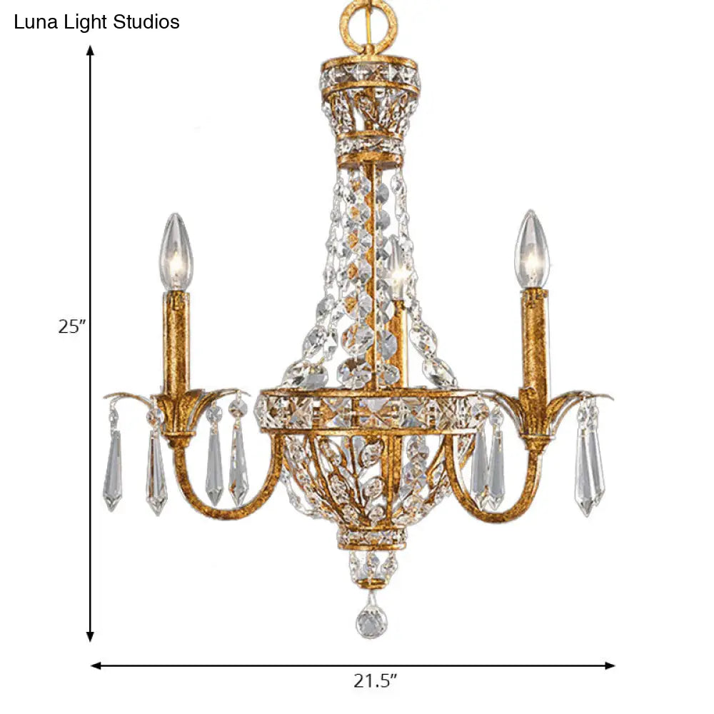 Vintage Gold Pyramid Chandelier With Crystal Accents - 3 Head Suspension Light For Living Room