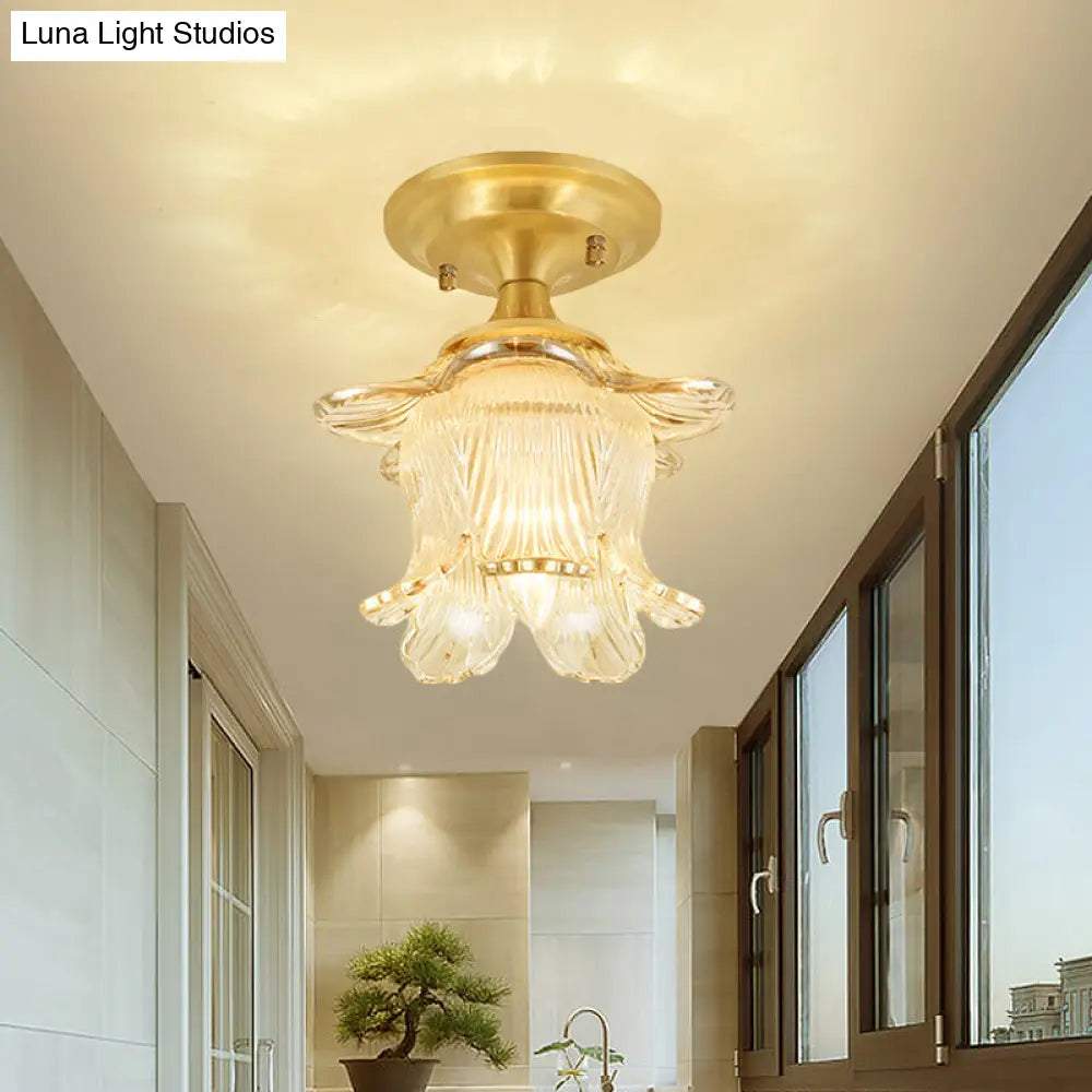 Gold Ribbed Glass Ceiling Mounted Fixture: Classic Blossom Semi Flush With 1-Bulb
