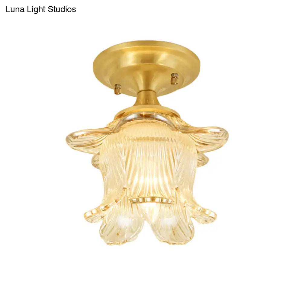 Gold Ribbed Glass Ceiling Mounted Fixture: Classic Blossom Semi Flush With 1 - Bulb