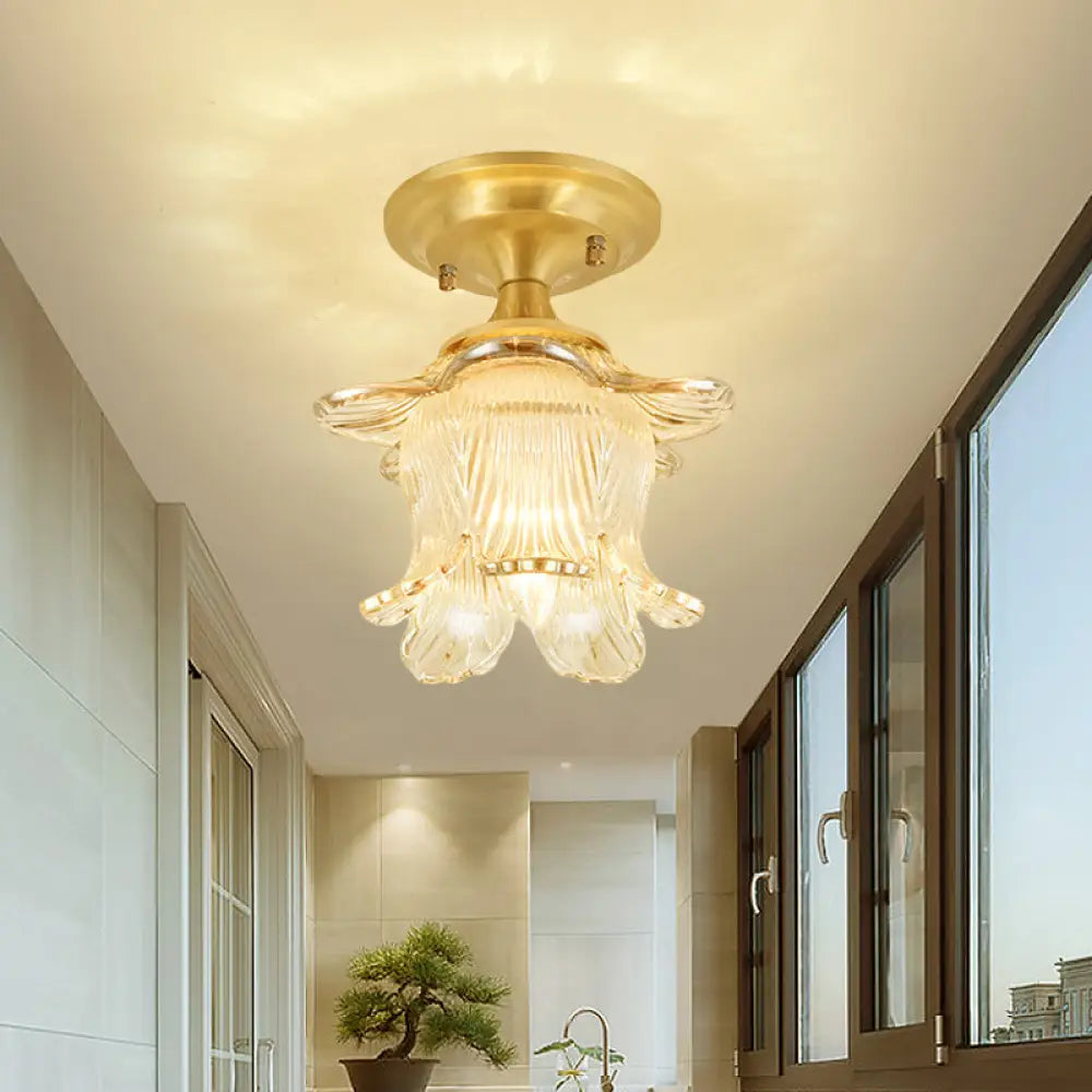 Gold Ribbed Glass Ceiling Mounted Fixture: Classic Blossom Semi Flush With 1 - Bulb