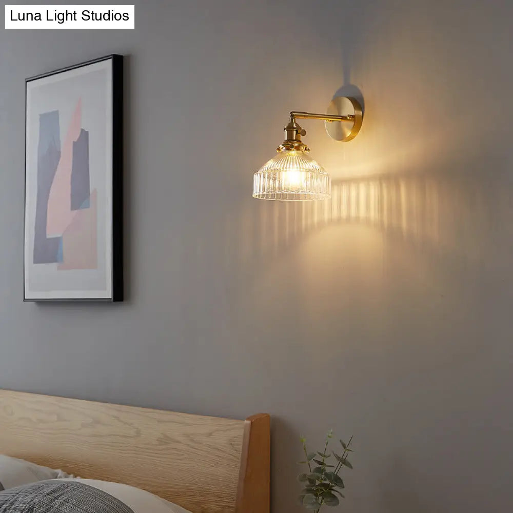 Gold Ribbed Glass Industrial Wall Lamp For Bedroom