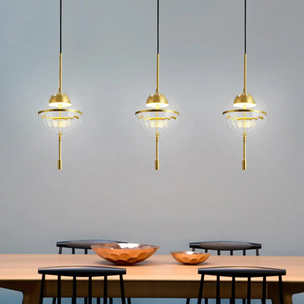 Gold Ribbed Glass Pendant Light With Spherical Design And Led - Postmodern Style