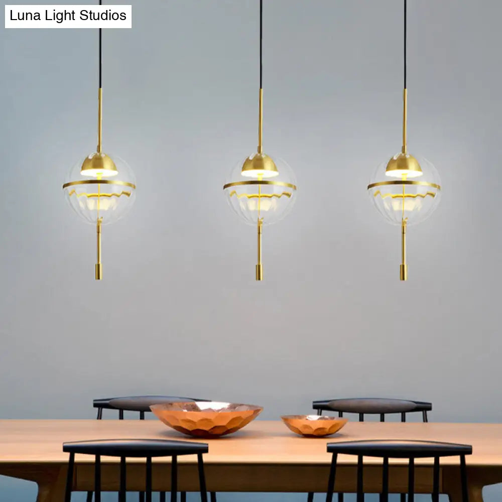 Modern Gold Led Glass Pendant Lamp - Ribbed Spherical Hanging Light Kit